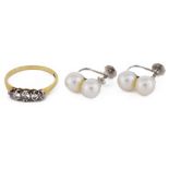 A delicate five stone diamond set ring and a pair of gold 'Ciro' cultured pearl earrings,