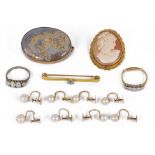 A 9ct gold mounted oval moss agate brooch and a collection of related items,