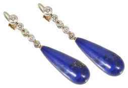 A pair of attractive Art Deco style diamond and lapis lazuli drop earrings