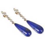 A pair of attractive Art Deco style diamond and lapis lazuli drop earrings