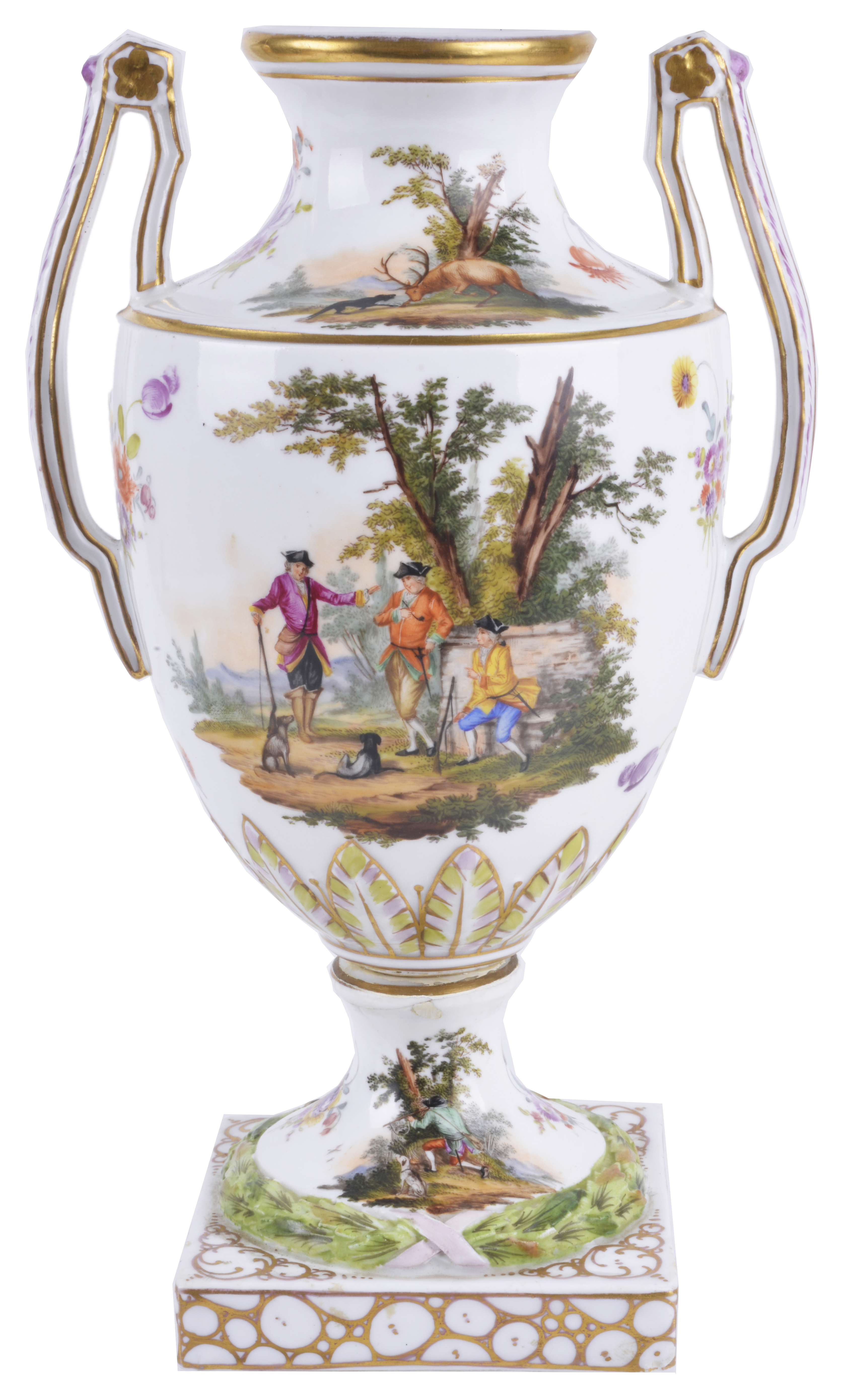 A late 19th century Continental twin handled porcelain urn