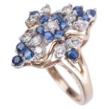 A contemporary sapphire and diamond shaped fancy cluster ring