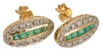 A pair of Art Deco style emerald and diamond set oval earrings,