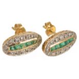 A pair of Art Deco style emerald and diamond set oval earrings,