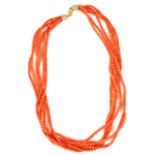 An attractive five row red coral bead necklace choker