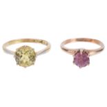An attractive deep yellow gem set ring and anotherThe yellow gem of semi square form and set in 18ct