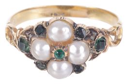 An attractive Georgian pearl and emerald set memorial cluster ringhaving small central emerald