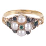 An attractive Georgian pearl and emerald set memorial cluster ringhaving small central emerald