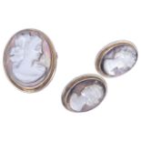 A silver mounted carved nacre cameo brooch and matching earringseach piece carved with a classical