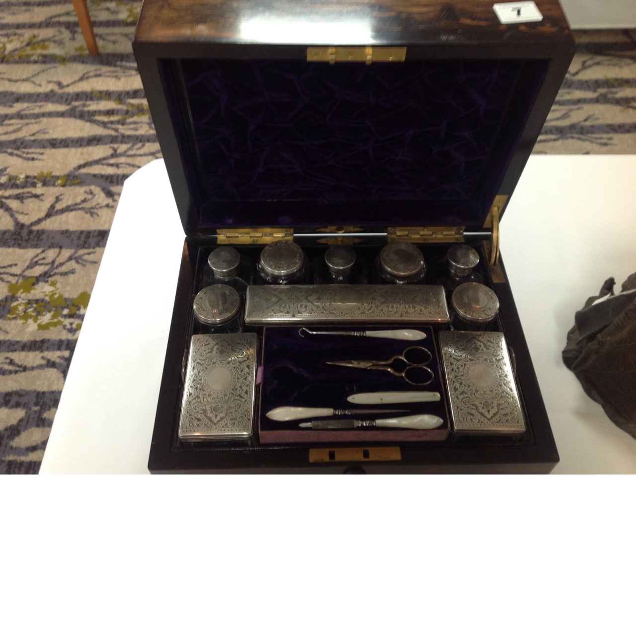A Victorian coromandel silver ladies' travelling vanity casethe simple rectangular case opening to - Image 10 of 16