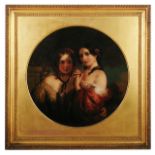 Early Victorian oil on canvas in the round 'Two girls'