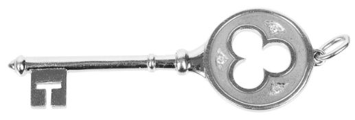 Tiffany & Co white gold clover key pendant stamped .750, inset with three Tiffany diamonds, without