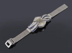 An attractive Art Deco sapphire and diamond set cocktail watch in the form of a bowthe dial set to