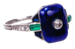 A striking Art Deco enamel, diamond and gem set ringhaving deep blue enamel centre set with a single