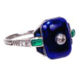 A striking Art Deco enamel, diamond and gem set ringhaving deep blue enamel centre set with a single