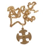 A contemporary 18ct gold Celtic cross pendant with raised decoration,suspended from a 9ct gold