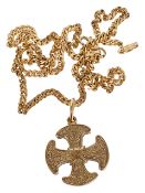 A contemporary 18ct gold Celtic cross pendant with raised decoration,suspended from a 9ct gold