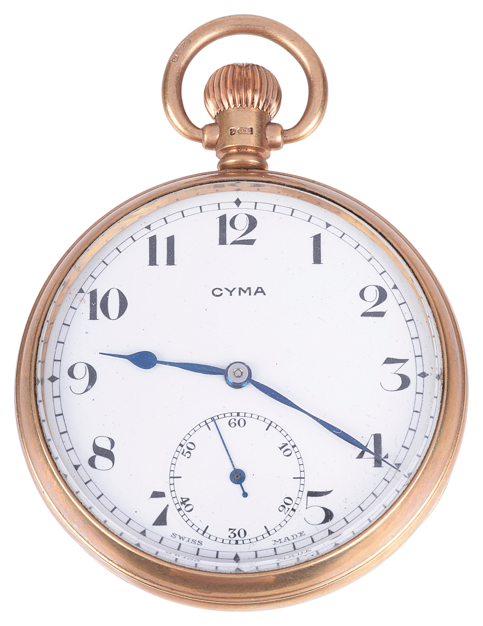 A 9ct gold Cyma gentlemans pocket watchthe white enamel dial with arabic hours, subsidiary seconds - Image 3 of 4