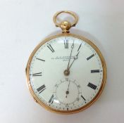 A 18ct gold open faced gentlemans pocket watch by J.J. Durrantthe white enamel dial with Roman