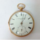 A 18ct gold open faced gentlemans pocket watch by J.J. Durrantthe white enamel dial with Roman