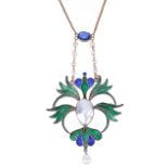 An unusual and attractive Arts & Crafts style enamel drop necklacethe green and blue foliate