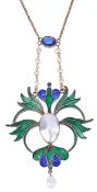 An unusual and attractive Arts & Crafts style enamel drop necklacethe green and blue foliate