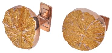 A pair of Scandinavian Lapponia Bjorn Weckstrom, modernist 14K gold cufflinks'devil's wheel' design,