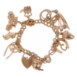 A 9ct gold double curb link charm bracelethung with a variety of charms including a swan, a