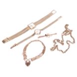A small collection of gold jewellery including a rose gold fancy bracelet,hasving scroll engraved