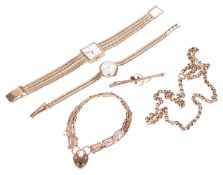 A small collection of gold jewellery including a rose gold fancy bracelet,hasving scroll engraved