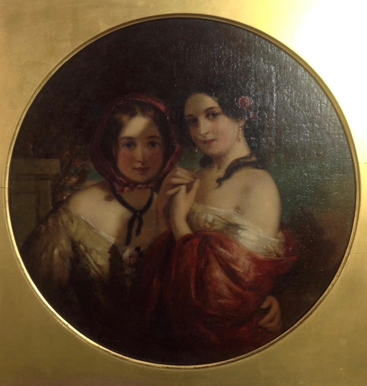 Early Victorian oil on canvas in the round 'Two girls' - Image 2 of 10