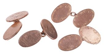 Two pairs of 9ct rose gold cufflinksthe first stamped .375 and with engraved scroll decoration,
