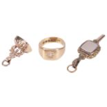 A gentleman's 18ct gold diamond set ring and two sealsthe ring marked for 18ct and having small star