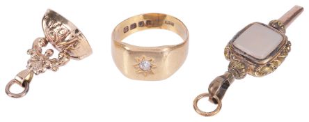 A gentleman's 18ct gold diamond set ring and two sealsthe ring marked for 18ct and having small star
