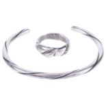 A Georg Jensen silver torque bangle and a similar Jensen ring, post 1945each piece fully marked,