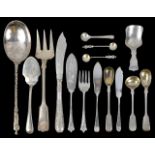 A selection of Victorian and later silver and Epns flatwarethree mustard spoons hallmarked London