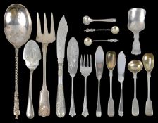 A selection of Victorian and later silver and Epns flatwarethree mustard spoons hallmarked London