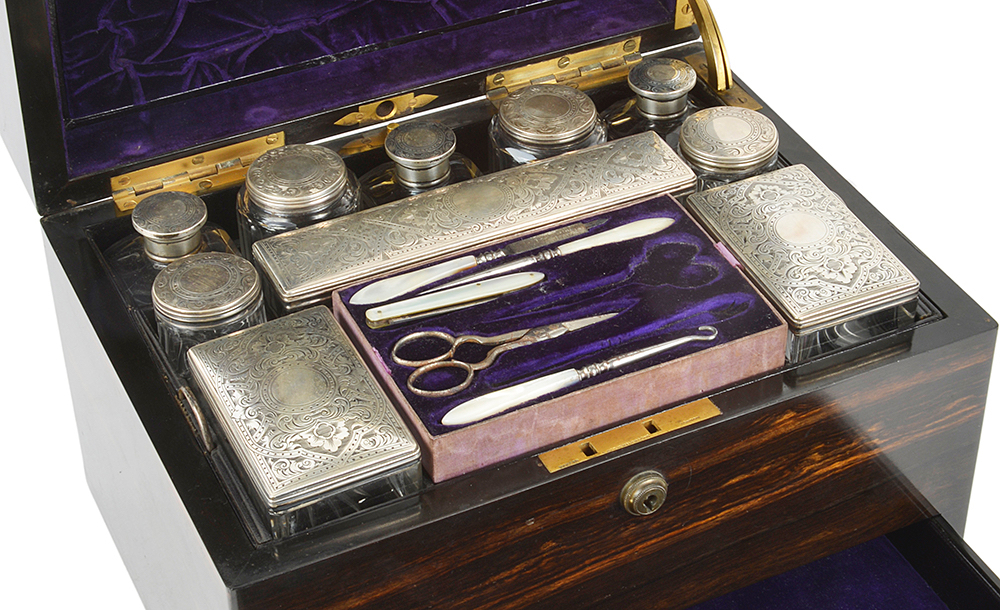 A Victorian coromandel silver ladies' travelling vanity casethe simple rectangular case opening to - Image 3 of 16