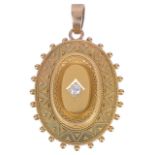A Victorian Etruscan style diamond set oval pendant locketthe yellow metal pendant with thread and