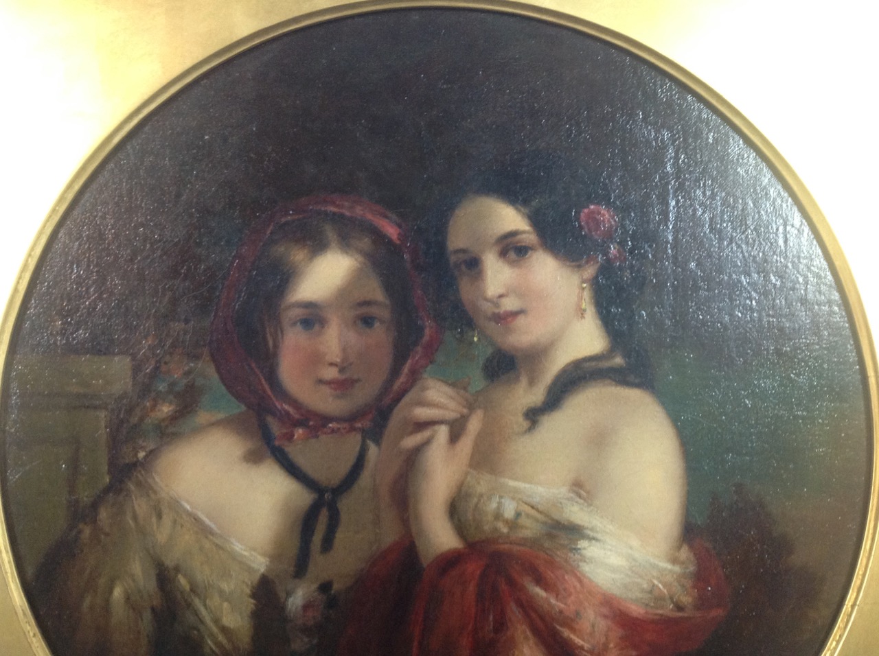 Early Victorian oil on canvas in the round 'Two girls' - Image 6 of 10