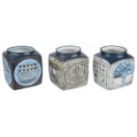 Three Troika pottery marmalade pots, 20th century of square forms with incised abstract decoration,