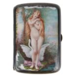 A enamelled hinged cigarette case of Leda and the swanof rectangular rounded form, no hallmarks, a/
