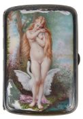 A enamelled hinged cigarette case of Leda and the swanof rectangular rounded form, no hallmarks, a/