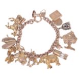 A heavy rose gold curb link charm braceletthe 9ct gold bracelet hung with an interesting variety