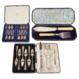 Three cased sets of Victorian and later silver flatwarea silver fish knife and fork set,