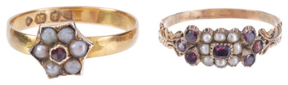 A charming Georgian amethyst and pearl set cluster scroll ring and another Georgian cluster