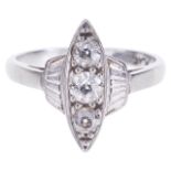 An Art Deco style three stone diamond marquis shaped ringthe mount marked for platinum and having