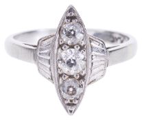 An Art Deco style three stone diamond marquis shaped ringthe mount marked for platinum and having