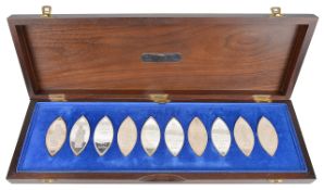 A cased set of ten The Queen's Beasts silver ingot commemorating the Queen's Silver Jubilee each