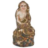 A Japanese satsuma figure of a Buddha converted to a lampthe seated Buddha on rocky base, painted in